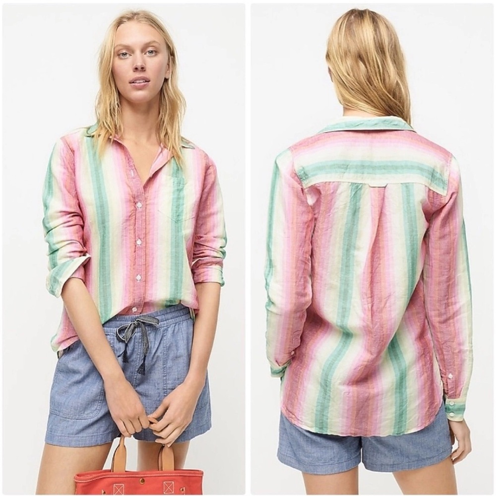 JCREW Classic Boy-Fit Linen Button Up Shirt | Rainbow Stripe Womens size 2 NWOT